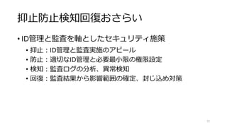 抑止防止検知回復おさらい
• ID管理と監査を軸としたセキュリティ施策
• 抑止：ID管理と監査実施のアピール
• 防止：適切なID管理と必要最小限の権限設定
• 検知：監査ログの分析、異常検知
• 回復：監査結果から影響範囲の確定、封じ込め対策
72
 
