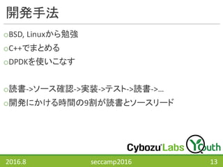 開発手法
oBSD,	Linuxから勉強
oC++でまとめる
oDPDKを使いこなす
o読書->ソース確認->実装->テスト->読書->…
o開発にかける時間の9割が読書とソースリード
2016.8 seccamp2016 13
 