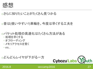 感想
oさらに知りたいことがたくさん見つかる
o昔は(使いやすい?)車輪を。今度は早くする工夫を
oパケット処理の高速化はたくさん方法がある
◦ 処理を早くする
◦ オフローディング
◦ メモリアクセスを賢く
◦ etc..
oどんどんレイヤが下がる一方
2016.8 seccamp2016 27
 