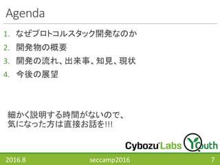 Agenda
1. なぜプロトコルスタック開発なのか
2. 開発物の概要
3. 開発の流れ、出来事、知見、現状
4. 今後の展望
細かく説明する時間がないので、
気になった方は直接お話を!!!
2016.8 seccamp2016 7
 