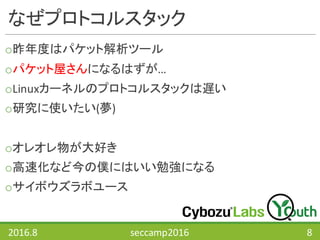 なぜプロトコルスタック
o昨年度はパケット解析ツール
oパケット屋さんになるはずが…
oLinuxカーネルのプロトコルスタックは遅い
o研究に使いたい(夢)
oオレオレ物が大好き
o高速化など今の僕にはいい勉強になる
oサイボウズラボユース
2016.8 seccamp2016 8
 