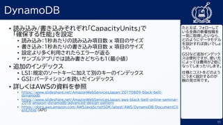 11
DynamoDB
• 読み込み/書き込みそれぞれ「CapacityUnits」で
「確保する性能」を設定
• 読み込み：1秒あたりの読み込み項目数 x 項目のサイズ
• 書き込み：1秒あたりの書き込み項目数 x 項目のサイズ
• 設定より多く利用されたらエラーが返る
• サンプルアプリでは読み書きどちらも1(最小値）
• 追加のインデックス
• LSI：規定のソートキーに加えて別のキーのインデックス
• GSI：パーティションを跨いだインデックス
• 詳しくはAWSの資料を参照
• https://www.slideshare.net/AmazonWebServicesJapan/20170809-black-belt-
dynamodb
• https://www.slideshare.net/AmazonWebServicesJapan/aws-black-belt-online-seminar-
2018-amazon-dynamodb-advanced-design-pattern
• https://docs.aws.amazon.com/AWSJavaScriptSDK/latest/AWS/DynamoDB/DocumentCli
ent.html (API)
たとえば、フォローして
いる全員の新着投稿を
一気に取得したいなら、
どのようにデータモデル
を設計すれば良いでしょ
うか。
GSIなど追加インデック
スは便利ですが、使い方
によっては費用が2倍に
なってしまったりします。
仕様とコストをどのよう
にうまく設計するのが
腕の見せ所です。
 
