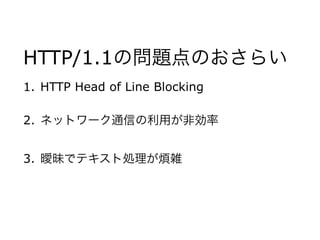 HTTP/1.1の問題点のおさらい
1. HTTP Head of Line Blocking
2. ネットワーク通信の利用が非効率
3. 曖昧でテキスト処理が煩雑
 