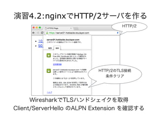 演習4.2:nginxでHTTP/2サーバを作る
HTTP/2のTLS接続
条件クリア
HTTP/2
WiresharkでTLSハンドシェイクを取得
Client/ServerHello のALPN Extension を確認する
 