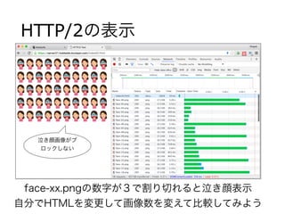 HTTP/2の表示
泣き顔画像がブ
ロックしない
face-xx.pngの数字が３で割り切れると泣き顔表示
自分でHTMLを変更して画像数を変えて比較してみよう
 