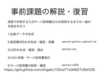 事前課題の解説・復習
演習で利用するTLSサーバ証明書(DV)を取得するまでの一連の
手続きを行う
1.乱数データの生成
2.秘密 (RSA)の生成・確認・保護
3.CSRの生成・確認・提出
4.CAに申請・サーバ証明書発行
5.サーバ証明書の取得・確認
https://gist.github.com/shigeki/102cd71b34627c5bf330
openssl genrsa, openssl rsa
openssl req
openssl x509
 