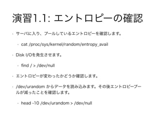 演習1.1: エントロピーの確認
• サーバに入り、プールしているエントロピーを確認します。
• cat /proc/sys/kernel/random/entropy_avail
• Disk I/Oを発生させます。
• ﬁnd / > /dev/null
• エントロピーが変わったかどうか確認します。
• /dev/urandom からデータを読み込みます。その後エントロピープー
ルが減ったことを確認します。
• head -10 /dev/urandom > /dev/null
 
