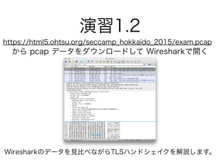 演習1.2
https://html5.ohtsu.org/seccamp_hokkaido_2015/exam.pcap
から pcap データをダウンロードして Wiresharkで開く
Wiresharkのデータを見比べながらTLSハンドシェイクを解説します。
 