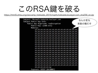 このRSA を破る
https://html5.ohtsu.org/seccamp_hokkaido_2015/nopfs.hokkaido.koulayer.com_sha256_en.zip
なんか変な
素数の積だぞ
 