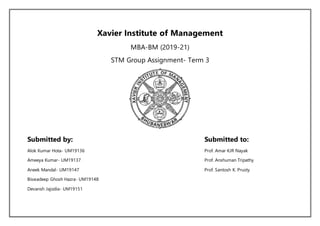 Xavier Institute of Management
MBA-BM (2019-21)
STM Group Assignment- Term 3
Submitted by: Submitted to:
Alok Kumar Hota- UM19136 Prof. Amar KJR Nayak
Ameeya Kumar- UM19137 Prof. Anshuman Tripathy
Aneek Mandal- UM19147 Prof. Santosh K. Prusty
Biswadeep Ghosh Hazra- UM19148
Devansh Jajodia- UM19151
 