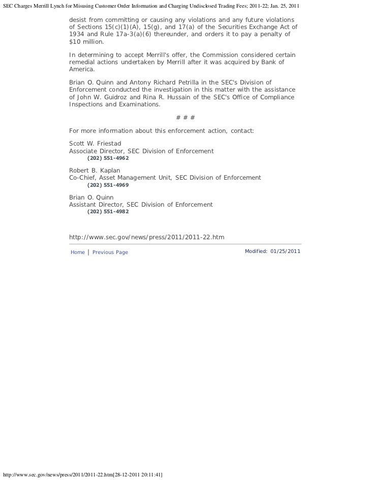 Sec Charges Merrill Lynch For Misusing Customer Order Information
