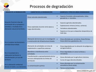 Procesos de degradación
ORIGEN DE LA DEGRADACIÓN CARÁCTER DE LA DEGRADACIÓN EJEMPLOS O TIPOS DE AREAS DEGRADADAS
Situación final de la fase de
terminación de un proyecto o
actividad, o resultado de la
afectación natural al territorio.
Áreas naturales abandonadas
• Espacios forestales sobreexplotados, (talas,
ganadería), o incendios.
Áreas explotadas durante cierta época y
luego abandonadas
• Espacios agrícolas abandonados.
• Explotaciones mineras (minas, canteras).
• Vertederos abandonados.
• Espacios en los que se depositan desperdicios de
todo tipo.
Por el carácter territorial de la
actividad desarrollada.
Afectación del terreno por la investigación
o construcción de infraestructura lineales
• Áreas afectadas por carreteras, líneas férreas,
líneas eléctricas, gasoductos, etc.
Afectación de actividades con área de
implantación o superficies extensas
• Áreas degradadas por la ubicación de polígonos y
aerogeneradores
Por el resultado de la
ordenación territorial, la
transformación y el uso del
territorio
Abandono e interferencia entre
actividades
• Áreas degradadas en zonas turísticas y
recreativas.
Transformación y aprovechamiento de los
recursos sobrepasando los límites de
asimilación
• Zonas afectadas por la agricultura intensiva.
• Cursos de agua desnaturalizados.
Por la afectación ambiental
directa al medio y sus elementos
La contaminación química
• Áreas afectadas por la contaminación
atmosférica (lluvia ácida).
• Tierras contaminadas.
 