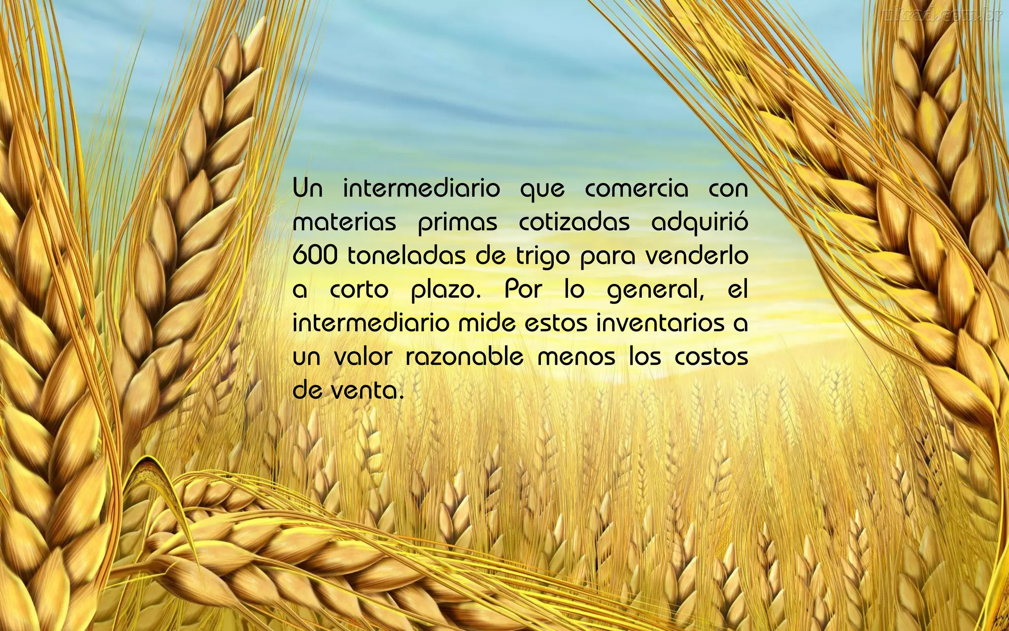 Un intermediario que comercia con
materias primas cotizadas adquirió
600 toneladas de trigo para venderlo
a corto plazo. Por lo general, el
intermediario mide estos inventarios a
un valor razonable menos los costos
de venta.
 