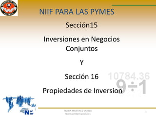 NIIF PARA LAS PYMES
        Sección15
 Inversiones en Negocios
        Conjuntos
                    Y
       Sección 16
Propiedades de Inversion

       NUBIA MARTINEZ VARELA     1
        Normas Internacionales
 