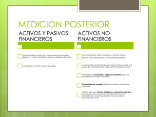 MEDICION POSTERIOR
ACTIVOS Y PASIVOS                                            ACTIVOS NO
FINANCIEROS                                                  FINANCIEROS

 Se miden según la Sección 11 Instrumentos Financieros        Las propiedades, planta y equipo al importe menor
 Básicos, al costo amortizado menos el deterioro del valor    entre el costo depreciado y el importe recuperable.



                                                              Los inventarios al importe que sea menor entre el costo y el
 La mayoría se miden a valor razonable
                                                              precio de venta menos los costos de terminación y venta.



                                                              Inversiones en asociadas y negocios conjuntos que una
                                                              entidad mide al valor razonable



                                                              Propiedades de inversión que una entidad mide al valor
                                                              razonable


                                                              Activos agrícolas (activos biológicos y productos agrícolas
                                                              en el punto de su cosecha o recolección) que una
                                                              entidad mide al valor razonable menos los costos
                                                              estimados de venta
 
