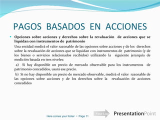 PAGOS  BASADOS  EN  ACCIONES Opciones sobre acciones y derechos sobre la revaluación  de acciones que se liquidan con instrumentos de  patrimonio  Una entidad medirá el valor razonable de las opciones sobre acciones y de los  derechos sobre la revaluación de acciones que se liquidan con instrumentos de  patrimonio (y de los bienes o servicios relacionados recibidos) utilizando la  siguiente jerarquía de medición basada en tres niveles:     a)  Si hay disponible un precio de mercado observable para los instrumentos  de patrimonio concedidos, usará ese precio.  b)  Si no hay disponible un precio de mercado observable, medirá el valor  razonable de las opciones sobre acciones y de los derechos sobre la  revaluación de acciones concedidos Here comes your footer     Page  