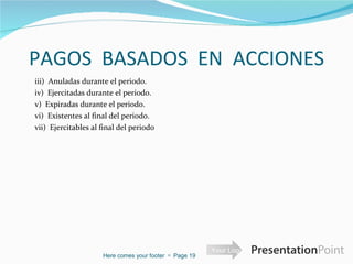 PAGOS  BASADOS  EN  ACCIONES iii)  Anuladas durante el periodo.    iv)  Ejercitadas durante el periodo.     v)  Expiradas durante el periodo.      vi)  Existentes al final del periodo.    vii)  Ejercitables al final del periodo Here comes your footer     Page  