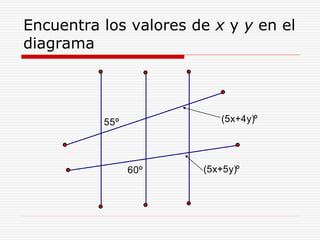 Encuentra los valores de x y y en el
diagrama
(5x+4y)º
(5x+5y)º60º
55º
 