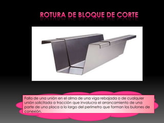 Falla de una unión en el alma de una viga rebajada o de cualquier
unión solicitada a tracción que involucra el arrancamiento de una
parte de una placa a lo largo del perímetro que forman los bulones de
conexión.
 