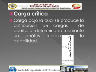  Carga crítica
 Carga bajo la cual se produce la
  distribución de cargas       de
  equilibrio, determinada mediante
  un     análisis  teórico de   la
  estabilidad.
 