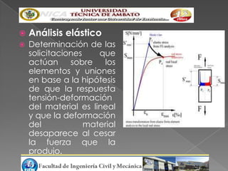    Análisis elástico
   Determinación de las
    solicitaciones    que
    actúan     sobre   los
    elementos y uniones
    en base a la hipótesis
    de que la respuesta
    tensión-deformación
    del material es lineal
    y que la deformación
    del            material
    desaparece al cesar
    la fuerza que la
    produjo.
 