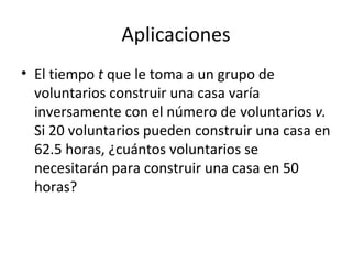 Aplicaciones El tiempo  t  que le toma a un grupo de voluntarios construir una casa varía inversamente con el número de voluntarios  v.  Si 20 voluntarios pueden construir una casa en 62.5 horas, ¿cuántos voluntarios se necesitarán para construir una casa en 50 horas? 