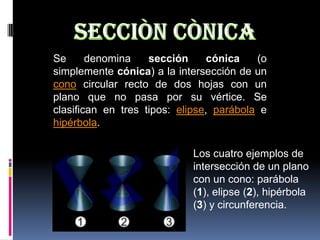 SECCIÒN CÒNICA Se denomina sección cónica (o simplemente cónica) a la intersección de un cono circular recto de dos hojas con un plano que no pasa por su vértice. Se clasifican en tres tipos: elipse, parábola e hipérbola. Los cuatro ejemplos de intersección de un plano con un cono: parábola (1), elipse (2), hipérbola (3) y circunferencia. 