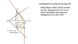 Prolongamos la arista de la base CD
,
hasta llegar a alfa1 donde unimos
con M1, obteniendo así P1 en la
arista VD.Nótese que estamos
trabajando en la cara VCD.