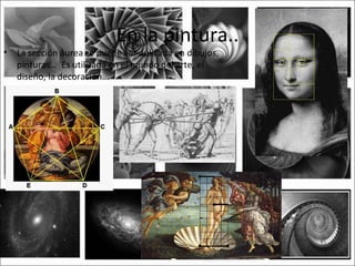 En la pintura..
•   La sección áurea se puede ver aplicada en dibujos,
    pinturas… Es utilizada en el mundo del arte, el
    diseño, la decoración…




                        Boticelli
 