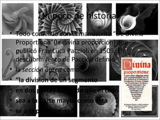 Un poco de historia..
• Todo comenzó con el manuscrito “De Divina
  Proportione”(la divina proporción) que
  publicó Fray Luca Paccioli en 1509. El
  descubrimiento de Paccioli definió
• la sección áurea como
• “la división de un segmento
• en dos partes de modo que el todo
• sea a la parte mayor como ésta
• es a la parte menor”.
 