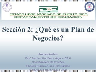 Sección 2: ¿Qué es un Plan de Negocios? Preparado Por: Prof. Marisol Martínez- Vega, c ED D Coordinadora de Práctica Escuela Superior Luis Palés Matos © Derechos Reservados 2009 