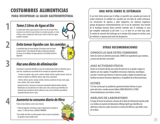 4
Hazunadietadeeliminación
Esta dieta te va permitir identificar y sacar de tu alimentación todos los alimentos que te
caen mal. Suspende por un período de tres semanas los siguientes alimentos:
• Cereales con gluten: trigo, avena, centeno, cebada, triticale, espalta y kamut  (nota: los
cereales sin gluten son alforfón, quinua, mijo, arroz y amaranto).
• Huevos, lácteos, granos, naranja, tomate, mariscos, productos de soya, maní, papa,
maíz, alcohol, café y azúcar refinado.
Después de estas 3 semanas los trastornos intestinales deberían haber reducido.
Reintroduce un solo alimento en tu dieta cada 3 días y observa para identificar los
alimentos que te producen efectos adversos; estos son los alimentos que deberás
suspender durante meses o años.
Aumentatuconsumodiariodefibra
Todos los días deberías comer como mínimo:
• 1 libra de vegetales y hortalizas crudos o ligeramente cocinados al
vapor y 1/2 libra de frutas. ¡LÁVALOS PRIMERO!
• Para añadir más fibra a tu dieta puedes comer un par de cucharadas
de ajonjolí o linaza molida al día.
3
4
Toma2LitrosdeAguaalDía
Es importante tomar agua natural o hacer uso de un buen filtro
mecánico (no eléctrico) que elimine los metales pesados, el cloro,
el flúor y otros compuestos tóxicos que están en todas las aguas
potables tratadas.
1
Evitatomarlíquidoscon lascomidas
Es preferible dejar de tomar líquidos 30 minutos antes de comer
y esperar hasta 1 hora después de haber comido para tomarlos
de nuevo, así no diluyes tus jugos gástricos. Esto facilita mucho la
digestión.
2
COSTUMBRES ALIMENTICIAS
PARA RECUPERAR LA SALUD GASTROINTESTINAL
OTRAS RECOMENDACIONES
CONOCE LO QUE ESTÁS COMIENDO
Antes de comer un alimento procesado, CONOCE los ingredientes que contiene...
¡y toma una decisión consciente!
¡HAZ ACTIVIDAD FÍSICA!
Incluir en tu horario del día una sesión de ejercicio te va ayudar a lograr tu
objetivo con más rapidez. El equilibrio emocional, endocrino, neurológico,
vascular e inmune que favorece el ejercicio ayuda a regular los patrones que
facilitan las buenas funciones digestivas y el equilibrio de la flora bacteriana.
ESTRÉS
Si te das cuenta que tus problemas gastrointestinales derivan en gran
parte del estrés, estudia nuestro folleto CÓMO REDUCIR EL ESTRÉS
(www.fundanatura.com/reducir-estres).
ANÁLISIS DE LABORATORIO
En lugar de hacer las primeras semanas de la dieta de eliminación puedes pedir
a tu médico un examen de laboratorio (Allergix IgG4) que identifica los
alimentos contra los cuales reacciona tu sistema de defensa y que debes sacar
de tu dieta.
UNA NOTA SOBRE EL ESTÓMAGO
Es un error clásico pensar que el reflujo y la gastritis son causados por exceso de
acidez estomacal; en realidad son causados por una falta de acidez estomacal.
Las sensaciones de agrieras y ardor epigástrico son síntomas engañosos
porque desaparecen momentáneamente con el uso de antiácidos. Una revisión
de la fisiología humana básica permite entender que el estómago se sana
por completo reubicando su pH entre 1 y 2, es decir en un nivel muy ácido.
El camino de sanación del estómago no es siempre fácil, porque en muchos casos
los síntomas se agravan justo antes de desaparecer.
 
