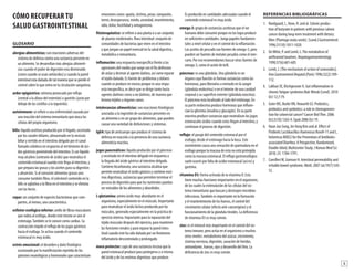 6
CÓMO RECUPERAR TU
SALUD GASTROINTESTINAL
GLOSARIO
alergias alimenticias: son reacciones adversas del
sistema de defensa contra una sustancia presente en
un alimento. Se desarrollan más alergias alimenti-
cias cuando el poder de digestión esta disminuido
(como cuando se usan antiácidos) y cuando la pared
intestinal esta dañada de tal manera que se pierde el
control sobre lo que entra en la circulación sanguínea.
ardor epigástrico: síntoma provocado por reflujo
(central a la altura del esternón) o gastritis (justo por
debajo de las costillas a la izquierda).
autoinmune: se refiere a una enfermedad causada por
una reacción del sistema inmunitario que ataca las
células del propio organismo.
bilis: líquido aceitoso producido por el hígado, secretado
por los canales biliares, almacenado en la vesícula
biliar y vertido en el intestino delgado por el canal
llamado colédoco en respuesta al vertimiento de áci-
dos gástricos proviniendo del intestino. Es un líquido
muy alcalino (contrario de ácido) que neutraliza el
contenido estomacal cuando este llega al intestino, y
que prepara las grasas y los aceites para su digestión
y absorción. Si al consumir alimentos grasos uno
consume también fibra, el colesterol contenido en la
bilis se aglutina a la fibra en el intestino y se elimina
con las heces.
cepas: un conjunto de especies bacterianas que com-
parten, al menos, una característica.
esfínter esofágico inferior: anillo de fibras musculares
que rodea al esófago, donde este mismo se une al
estómago.También se le conoce como cardias. Su
contracción impide el reflujo de los jugos gástricos
hacia el esófago. Se activa cuando el contenido
estomacal es muy ácido.
estrés emocional: el desorden y daño fisiológico
ocasionado por la manifestación repetida de los
patrones neurológicos y hormonales que caracterizan
emociones como: apatía, víctima, pesar, compasión,
terror, desesperanza, miedo, ansiedad, resentimiento,
odio, dolor, hostilidad y antagonismo.
fitoterapéutico: se refiere a una planta o a un conjunto
de plantas medicinales. flora intestinal: conjunto de
comunidades de bacterias que viven en el intestino
y que juegan un papel esencial en la salud digestiva,
metabólica e inmunitaria.
inflamación: una respuesta noespecífica frente a las
agresiones del medio que surge con el fin defensivo
de aislar y destruir al agente dañino, así como reparar
el tejido dañado. Es fuente de problemas y dolores
cuando se produce en exceso porque es una respu-
esta inespecífica, es decir que se dirige tanto hacia
agentes dañinos como a no dañinos, de manera que
lesiona tejidos u órganos sanos.
intolerancias alimenticias: son reacciones fisiológicas
asociadas a la ingestión de sustancias presentes en
un alimento o en un grupo de alimentos, que pueden
causar una variedad de disfunciones y síntomas.
IgG4: tipo de anticuerpo que produce el sistema de
defensa en reacción a la presencia de una sustancia
alimenticia reactiva.
jugos pancreáticos: líquido producido por el páncreas
y secretado en el intestino delgado en respuesta a
la llegada del ácido gástrico al intestino delgado.
Contiene bicarbonato, una sustancia alcalina que
permite neutralizar el ácido gástrico y contiene enzi-
mas digestivas, sustancias que permiten terminar el
proceso de digestión para que los nutrientes puedan
ser extraídos de los alimentos y absorbidos.
L-glutamina: amino ácido muy abundante en el
organismo, especialmente en el músculo. Importante
para neutralizar el ácido láctico producido por los
músculos, generado especialmente en la práctica de
ejercicio intenso. Importante para la reparación del
tejido muscular después del ejercicio, para mantener
las funciones renales y para reparar la pared intes-
tinal cuando este ha sido dañada por un fenómeno
inflamatorio descontrolado y prolongado.
moco protector: capa de una sustancia viscosa que la
pared estomacal produce para protegerse a si misma
del ácido y de las enzimas digestivas que produce.
Es producido en cantidades adecuadas cuando el
contenido estomacal es muy ácido.
omega-3: grupo de sustancias aceitosas que el ser
humano debe consumir porque no los logra producir
en suficientes cantidades. Juega papeles fundamen-
tales a nivel celular y en el control de la inflamación.
Los aceites de pescado son fuentes de omega-3, pero
pueden ser fuentes de metales pesados como el mer-
curio. Por eso recomendamos buscar otras fuentes de
omega-3, como el aceite de krill.
páncreas: es una glándula. Una glándula es un
órgano cuya función es formar sustancias como las
hormonas, para liberarlas a menudo en la sangre
(glándula endocrina) o en el interior de una cavidad
corporal o su superficie exterior (glándula exocrina).
El páncreas esta localizado al lado del estómago. En
su parte endocrina produce hormonas que influen-
cian la glicemia (insulina y glucagón). En su parte
exocrina produce sustancias que neutralizan los jugos
estomacales ácidos cuando estos llegan al intestino, y
continúan el proceso de digestión.
reflujo: el pasaje del contenido estomacal por el
esófago, desde el estómago hacia la boca. Este
movimiento causa una sensación de quemadura en el
esófago porque la mucosa de esta no está protegida
como la mucosa estomacal. El reflujo gastroesofágico
suele ocurrir por falta de acidez estomacal (así es) y
gastrina.
vitamina D3: forma activada de la vitamina D. Esta
tiene muchas funciones importantes en el organismo,
de las cuales la estimulación de las células del sis-
tema inmunitario que buscan y destruyen microbios
infecciosos.También es importante en la formación
y el mantenimiento de los huesos, el control del
crecimiento celular (efecto anti-cancerígeno) y el
funcionamiento de la glándula tiroides. La deficiencia
de vitamina D3 es muy común.
zinc: es el mineral más importante en el control del sis-
tema inmune, pero actúa en el organismo a muchos
otros niveles: metabolismo del azúcar, crecimiento,
sistema nervioso, digestión, sanación de heridas,
antioxidante, huesos, ojos y desarrollo del feto. La
deficiencia de zinc es muy común.
REFERENCIAS BIBLIOGRÁFICAS
1.	 Nordgaard, I., Hove, H. and al. Colonic produc-
tion of butyrate in patients with previous colonic
cancer during long-term treatment with dietary
fibre (Plantago ovata seeds). Scand.J Gastroenterol.
1996;31(10):1011-1020
2.	 DeWitte, P. and Lemli, L.The metabolism of
anthranoid laxatives. Hepatogastroenterology
1990;37(6):601-605
3.	 Lemli, J. [The mechanism of action of sennosides].
Ann.Gastroenterol.Hepatol.(Paris) 1996;32(2):109-
112.
4.	 Lakhan SE, Kirchgessner A. Gut inflammation in
chronic fatigue syndrome.Nutr Metab (Lond). 2010
Oct 12;7:79.
5.	 Geier MS, Butler RN, Howarth GS. Probiotics,
prebiotics and synbiotics: a role in chemopreven-
tion for colorectal cancer? Cancer BiolTher. 2006
Oct;5(10):1265-9. Epub 2006 Oct 19.
6.	 Hyun Joo Song, Jin-Yong Kim and al. Effect of
Probiotic Lactobacillus rhamnosus Rosell-11 and L.
helveticus R0052 for the Prevention of Antibiotic-
associated Diarrhea: A Prospective, Randomized,
Double-blind, Multicenter Study; J Korean Med Sci
2010; 25: 1784-1791.
7.	 Camilleri M, Gorman H. Intestinal permeability and
irritable bowel syndrome. Motil. 2007 Jul;19(7):545-
52.
 