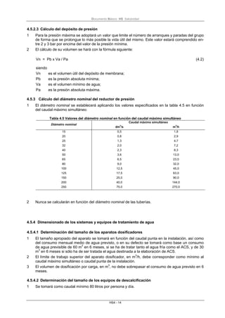 Documento Básico HS Salubridad
HS4 - 14
4.5.2.3 Cálculo del depósito de presión
1 Para la presión máxima se adoptará un valor que limite el número de arranques y paradas del grupo
de forma que se prolongue lo más posible la vida útil del mismo. Este valor estará comprendido en-
tre 2 y 3 bar por encima del valor de la presión mínima.
2 El cálculo de su volumen se hará con la fórmula siguiente:
Vn = Pb x Va / Pa (4.2)
siendo
Vn es el volumen útil del depósito de membrana;
Pb es la presión absoluta mínima;
Va es el volumen mínimo de agua;
Pa es la presión absoluta máxima.
4.5.3 Cálculo del diámetro nominal del reductor de presión
1 El diámetro nominal se establecerá aplicando los valores especificados en la tabla 4.5 en función
del caudal máximo simultáneo:
Tabla 4.5 Valores del diámetro nominal en función del caudal máximo simultáneo
Caudal máximo simultáneo
Diámetro nominal
dm
3
/s m
3
/h
15 0,5 1,8
20 0,8 2,9
25 1,3 4,7
32 2,0 7,2
40 2,3 8,3
50 3,6 13,0
65 6,5 23,0
80 9,0 32,0
100 12,5 45,0
125 17,5 63,0
150 25,0 90,0
200 40,0 144,0
250 75,0 270,0
2 Nunca se calcularán en función del diámetro nominal de las tuberías.
4.5.4 Dimensionado de los sistemas y equipos de tratamiento de agua
4.5.4.1 Determinación del tamaño de los aparatos dosificadores
1 El tamaño apropiado del aparato se tomará en función del caudal punta en la instalación, así como
del consumo mensual medio de agua previsto, o en su defecto se tomará como base un consumo
de agua previsible de 60 m3
en 6 meses, si se ha de tratar tanto el agua fría como el ACS, y de 30
m3
en 6 meses si sólo ha de ser tratada el agua destinada a la elaboración de ACS.
2 El límite de trabajo superior del aparato dosificador, en m3
/h, debe corresponder como mínimo al
caudal máximo simultáneo o caudal punta de la instalación.
3 El volumen de dosificación por carga, en m3
, no debe sobrepasar el consumo de agua previsto en 6
meses.
4.5.4.2 Determinación del tamaño de los equipos de descalcificación
1 Se tomará como caudal mínimo 80 litros por persona y día.
 