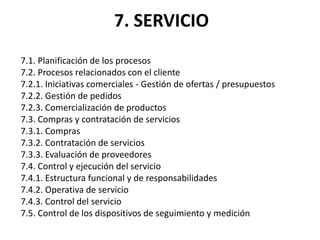 7. SERVICIO
7.1. Planificación de los procesos
7.2. Procesos relacionados con el cliente
7.2.1. Iniciativas comerciales - Gestión de ofertas / presupuestos
7.2.2. Gestión de pedidos
7.2.3. Comercialización de productos
7.3. Compras y contratación de servicios
7.3.1. Compras
7.3.2. Contratación de servicios
7.3.3. Evaluación de proveedores
7.4. Control y ejecución del servicio
7.4.1. Estructura funcional y de responsabilidades
7.4.2. Operativa de servicio
7.4.3. Control del servicio
7.5. Control de los dispositivos de seguimiento y medición
 