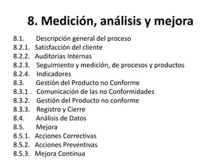 8. Medición, análisis y mejora
8.1. Descripción general del proceso
8.2.1. Satisfacción del cliente
8.2.2. Auditorias Internas
8.2.3. Seguimiento y medición, de procesos y productos
8.2.4. Indicadores
8.3. Gestión del Producto no Conforme
8.3.1 . Comunicación de las no Conformidades
8.3.2. Gestión del Producto no conforme
8.3.3. Registro y Cierre
8.4. Análisis de Datos
8.5. Mejora
8.5.1. Acciones Correctivas
8.5.2. Acciones Preventivas
8.5.3. Mejora Continua
 