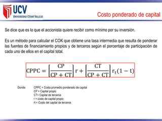 Costo ponderado de capital
Se dice que es lo que el accionista quiere recibir como mínimo por su inversión.
Es un método para calcular el COK que obtiene una tasa intermedia que resulta de ponderar
las fuentes de financiamiento propios y de terceros según el porcentaje de participación de
cada uno de ellos en el capital total.

Donde:

CPPC = Costo promedio ponderado de capital
CP = Capital propio
CT= Capital de terceros
r = costo de capital propio
rt = Costo del capital de terceros

 