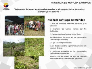 “ Gobernanza del agua y agroecología tropical en la microcuenca del río Kuchiankas,
cuenca baja del río Paute ”
Avances Santiago de Méndez
•1 Plan de educación ambiental aprobado y en
ejecución.
•1 Inventario de fuentes hídricas del Río
Cuchiantza.
•1 Plan de manejo del bosque nativo Shuar.
•Establecimiento de pastos en las comunidades
Kuchiankas y Kamanchay.
•27 ajas Shuar implementadas.
•1 gira de observación a experiencias similares a la
provincia de Loja.
•4 vertientes protegidas en las comunidades
Kuchiankas y Kamannchay.
•Construcción del sistema de agua de consumo
para la comunidad Kuchiankas en ejecución.
PROVINCIA DE MORONA SANTIAGOPROVINCIA DE MORONA SANTIAGO
 