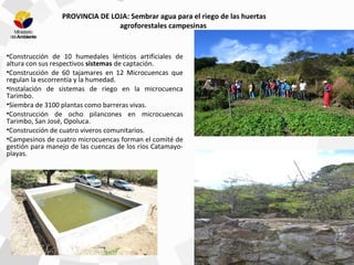 •Construcción de 10 humedales lénticos artificiales de
altura con sus respectivos sistemas de captación.
•Construcción de 60 tajamares en 12 Microcuencas que
regulan la escorrentía y la humedad.
•Instalación de sistemas de riego en la microcuenca
Tarimbo.
•Siembra de 3100 plantas como barreras vivas.
•Construcción de ocho pilancones en microcuencas
Tarimbo, San José, Opoluca.
•Construcción de cuatro viveros comunitarios.
•Campesinos de cuatro microcuencas forman el comité de
gestión para manejo de las cuencas de los ríos Catamayo-
playas.
PROVINCIA DE LOJA: Sembrar agua para el riego de las huertas
agroforestales campesinas
 