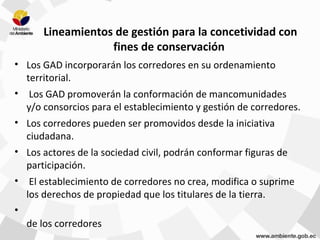 Lineamientos de gestión para la concetividad con
fines de conservación
• Los GAD incorporarán los corredores en su ordenamiento
territorial.
• Los GAD promoverán la conformación de mancomunidades
y/o consorcios para el establecimiento y gestión de corredores.
• Los corredores pueden ser promovidos desde la iniciativa
ciudadana.
• Los actores de la sociedad civil, podrán conformar figuras de
participación.
• El establecimiento de corredores no crea, modifica o suprime
los derechos de propiedad que los titulares de la tierra.
•
de los corredores
 
