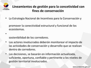 Lineamientos de gestión para la concetividad con
fines de conservación
• La Estrategia Nacional de Incentivos para la Conservación y
promover la conectividad estructural y funcional de los
ecosistemas.
•
sostenibilidad de los corredores.
• Los actores involucrados deberán monitorear el impacto de
las actividades de conservación y desarrollo que se realizan
dentro de corredores.
• Las decisiones, se basarán en información actualizada,
suficiente, oportuna, confiable y pertinente a los niveles de
gestión territorial involucrados.
 