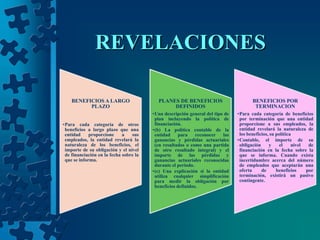 REVELACIONES

    BENEFICIOS A LARGO                    PLANES DE BENEFICIOS                        BENEFICIOS POR
          PLAZO                                DEFINIDOS                               TERMINACION
                                        •Una descripción general del tipo de   •Para cada categoría de beneficios
                                         plan incluyendo la política de         por terminación que una entidad
•Para cada categoría de otros            financiación.                          proporcione a sus empleados, la
 beneficios a largo plazo que una       •(b) La política contable de la         entidad revelará la naturaleza de
 entidad     proporcione     a   sus     entidad     para    reconocer   las    los beneficios, su política
 empleados, la entidad revelará la       ganancias y pérdidas actuariales      •Contable, el importe de su
 naturaleza de los beneficios, el        (en resultados o como una partida      obligación     y    el     nivel  de
 importe de su obligación y el nivel     de otro resultado integral) y el       financiación en la fecha sobre la
 de financiación en la fecha sobre la    importe de las pérdidas y              que se informa. Cuando exista
 que se informa.                         ganancias actuariales reconocidas      incertidumbre acerca del número
                                         durante el periodo.                    de empleados que aceptarán una
                                        •(c) Una explicación si la entidad      oferta     de      beneficios    por
                                         utiliza cualquier simplificación       terminación, existirá un pasivo
                                         para medir la obligación por           contingente.
                                         beneficios definidos.
 