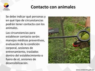 Contacto con animales
Se debe indicar qué personas y
en qué tipo de circunstancias
podrán tener contacto con los
animales.
Las circunstancias para
establecer contacto serán:
manejos médicos preventivos,
evaluación de la condición
corporal, sesiones de
entrenamiento, traslados
dentro del establecimiento o
fuera de el, sesiones de
desensibilización.
 
