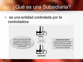 ¿Qué es una Subsidiaria?
• es una entidad controlada por la
controladora
 