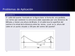 U d e A - u´ltima actualiz aci ´on: 5 d e d i c i e m b r e d e 2 0 1 8
Problemas de Aplicación
Ejercicio 5.
El cable del puente ilustrado en la figura tiene la forma de una parábola.
Las torres que sostienen la estructura están separadas por una distancia de
600 pies, y tienen una altura de 80 pies. Si el cable toca la superficie del
camino a la mitad de la distancia entre las torres, ¿cual es la altura del
cable en un punto situado a 150 pies del centro del puente?
 