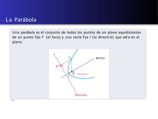 U d e A - u´ltima actualiz aci ´on: 5 d e d i c i e m b r e d e 2 0 1 8
La Parábola
Una parábola es el conjunto de todos los puntos de un plano equidistantes
de un punto fijo F (el foco) y una recta fija l (la directriz) que est´a en el
plano.
 