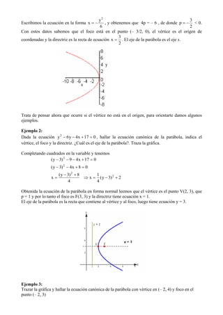 y2                                             3
Escribimos la ecuación en la forma x = −        , y obtenemos que 4p = – 6 , de donde p = − < 0.
                                             6                                              2
Con estos datos sabemos que el foco está en el punto (– 3/2, 0), el vértice es el origen de
                                                        3
coordenadas y la directriz es la recta de ecuación x = . El eje de la parábola es el eje x.
                                                        2




Trata de pensar ahora que ocurre si el vértice no está en el origen, para orientarte damos algunos
ejemplos.

Ejemplo 2:
Dada la ecuación y 2 − 6 y − 4 x + 17 = 0 , hallar la ecuación canónica de la parábola, indica el
vértice, el foco y la directriz. ¿Cuál es el eje de la parábola?. Traza la gráfica.

Completando cuadrados en la variable y tenemos
              ( y − 3) 2 − 9 − 4 x + 17 = 0
                 ( y − 3) 2 − 4 x + 8 = 0
                      ( y − 3) 2 + 8      1
                 x=                  ⇒ x = ( y − 3) 2 + 2
                            4             4

Obtenida la ecuación de la parábola en forma normal leemos que el vértice es el punto V(2, 3), que
p = 1 y por lo tanto el foco es F(3, 3) y la directriz tiene ecuación x = 1.
El eje de la parábola es la recta que contiene al vértice y al foco, luego tiene ecuación y = 3.




Ejemplo 3:
Trazar la gráfica y hallar la ecuación canónica de la parábola con vértice en (– 2, 4) y foco en el
punto (– 2, 3)
 