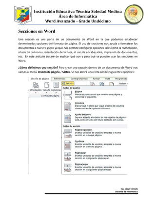 Institución Educativa Técnica Soledad Medina
Área de Informática
Word Avanzado - Grado Undécimo
Ing. Cesar Estrada
Docente de Informática
Secciones en Word
Una sección es una parte de un documento de Word en la que podemos establecer
determinadas opciones del formato de página. El uso de secciones nos ayuda a formatear los
documentos a nuestro gusto ya que nos permite configurar opciones tales como la numeración,
el uso de columnas, orientación de la hoja, el uso de encabezados, impresión de documentos,
etc. En este artículo trataré de explicar qué son y para qué se pueden usar las secciones en
Word.
¿Cómo definimos una sección? Para crear una sección dentro de un documento de Word nos
vamos al menú Diseño de página / Saltos, se nos abrirá una cinta con las siguientes opciones:
 