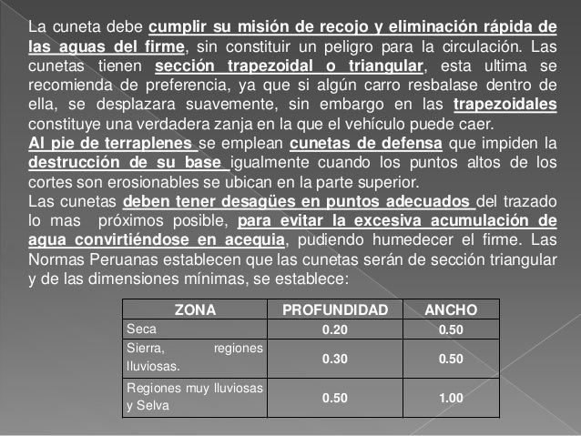 La cuneta debe cumplir su misiÃ³n de recojo y eliminaciÃ³n rÃ¡pida de
las aguas del firme, sin constituir un peligro para la ...