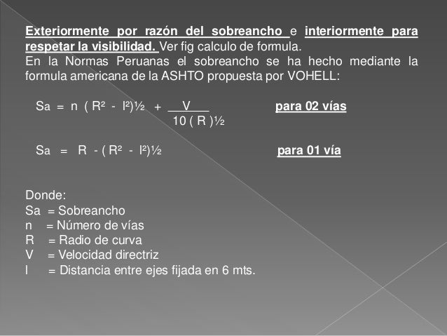 Exteriormente por razÃ³n del sobreancho e interiormente para
respetar la visibilidad. Ver fig calculo de formula.
En la Nor...